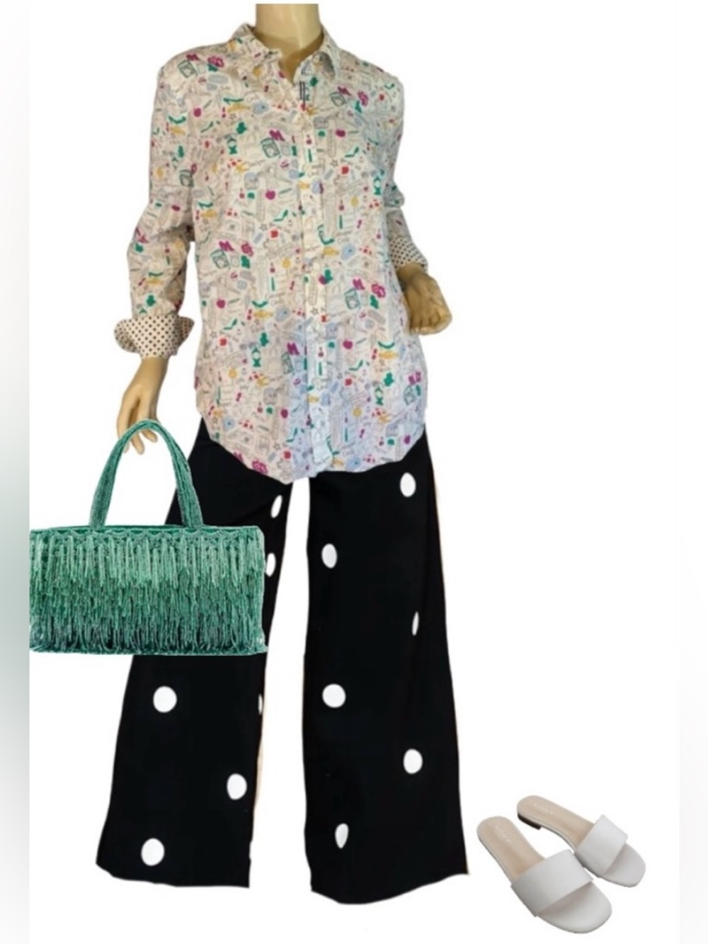 TALBOTS COTTON MULTI-COLOR NEW YORK CITY THEME "DOODLES" BUTTON DOWN TOP (M)